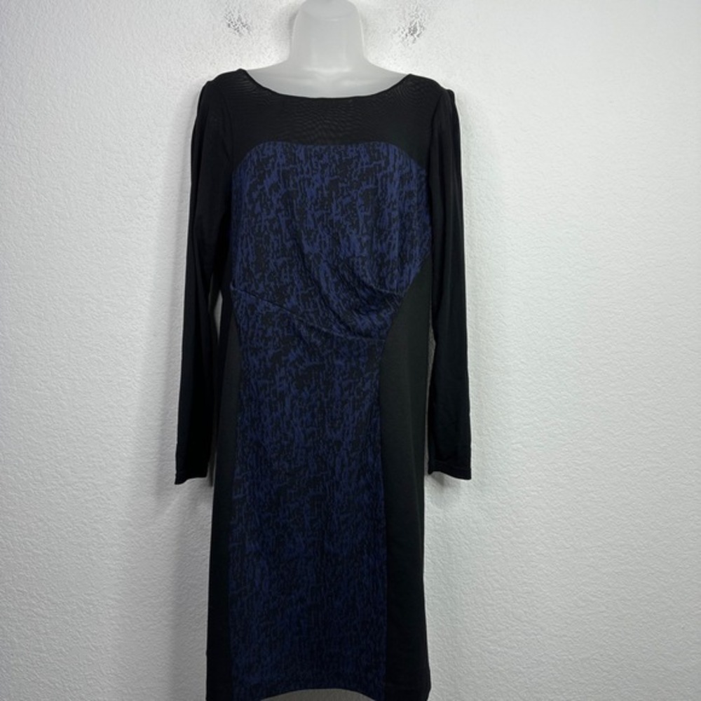 Kay Unger Dress Women Size 16 Blue Black Colorblock Artsy Draped Business Career